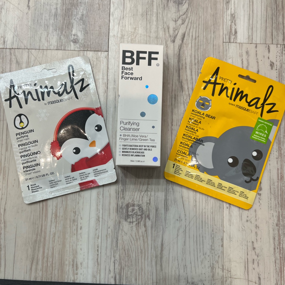 BFF purifying, cleanser, and Penguin and Koala Sheet Masks